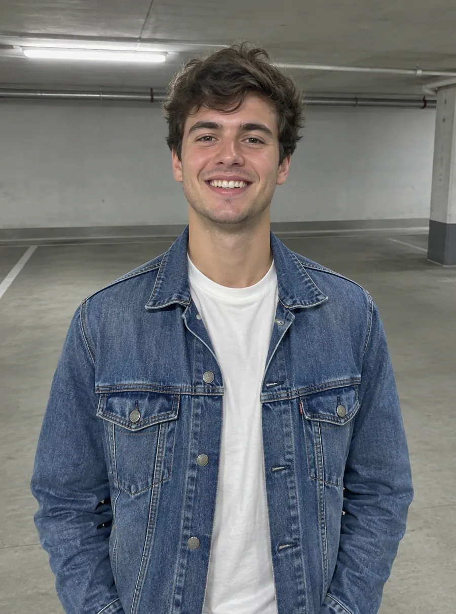 Before: a man in a denim jacket, moved from a parking garage to a sunset beach