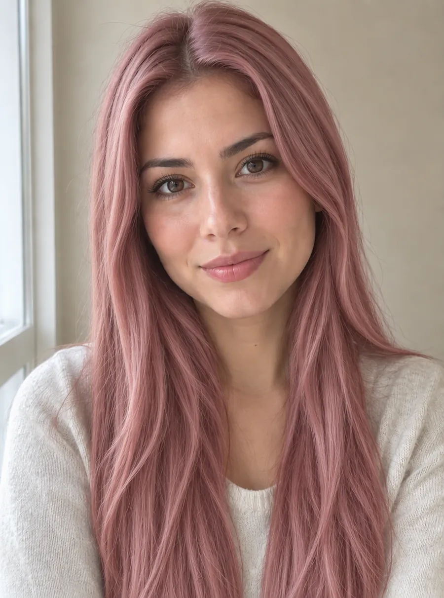 a portrait with dark brown hair recolored pastel pink