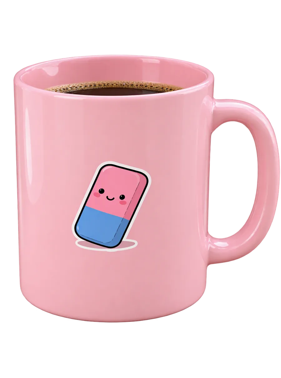 a pink mug on a cluttered kitchen counter