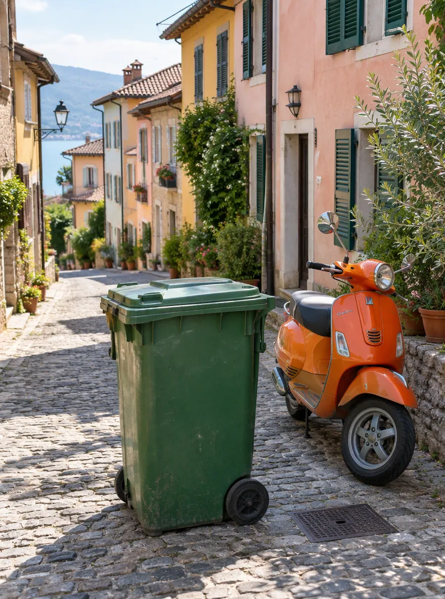 Before: a cobblestone street with a trash bin and a scooter removed