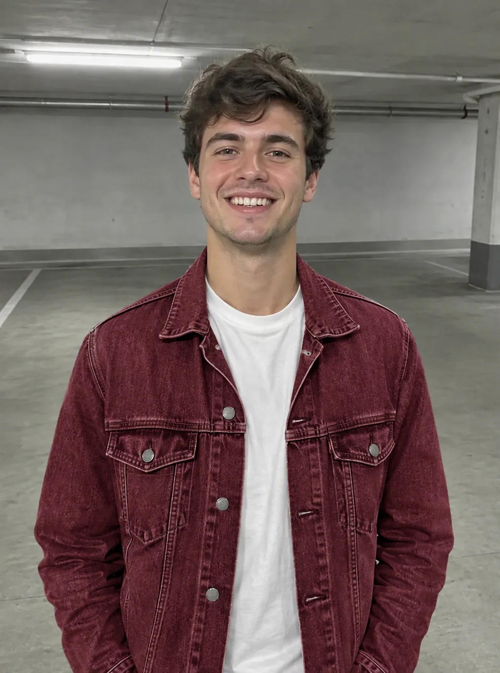 After: a blue denim jacket recolored burgundy red